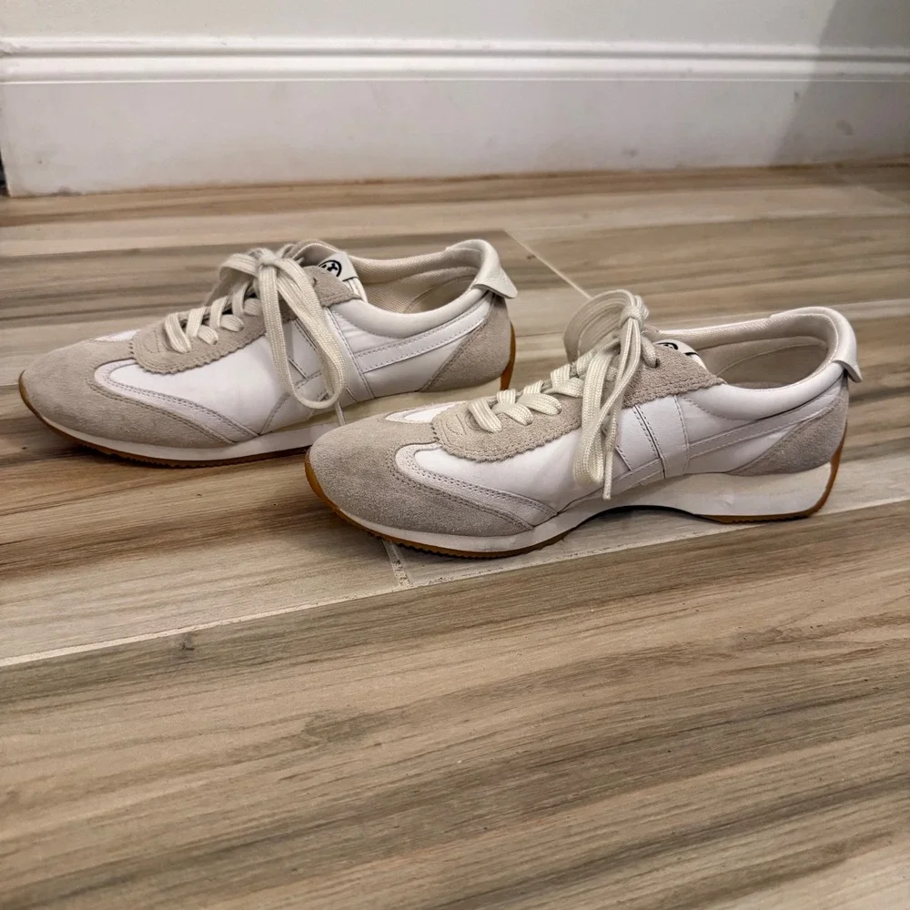 Tory Burch Hank Leather Suede Sneakers Snow White Beige Women's Size 7M No Box